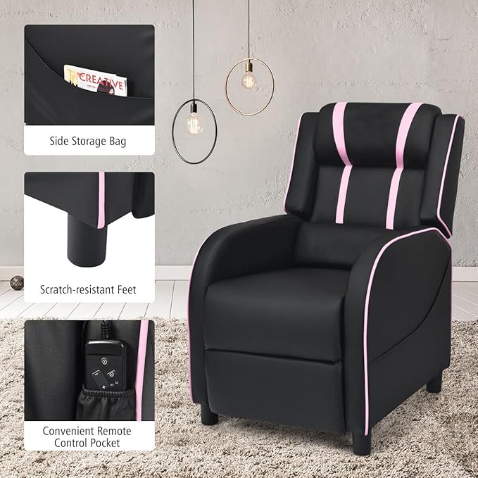 8AM Office Gaming Massage Recliner Sofa Ergonomic PU Leather Gaming Recliner Sofa with Footrest Lumber Support Side Pouch &amp Remote Control for Gaming Living Room Theater (Pink)