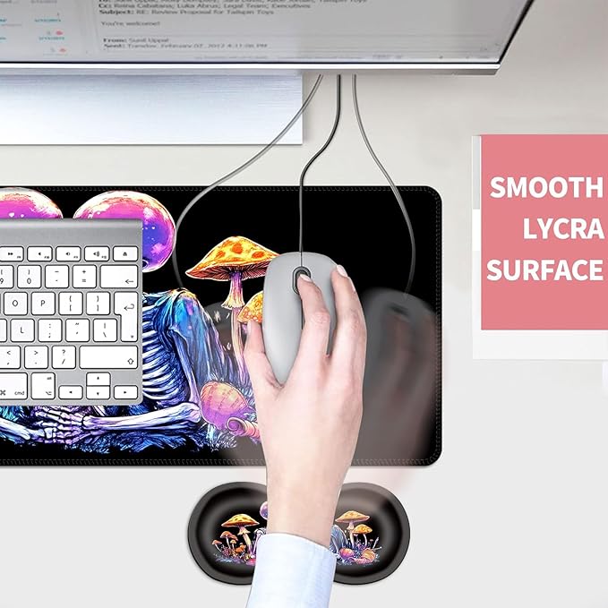 Mouse PadLarge Desk Mat Set 4in1 XL Mousepad + Keyboard Wrist Rest+Mouse Wrist Rest+Coaster with Ergonomic Desk Pad for Home Office Table Computer Cover -Fantasy Skeleton Mushroom