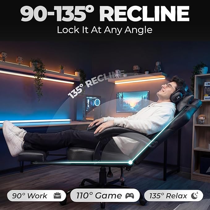 N-GEN GAMING Video Gaming Chair Big and Tall Office Computer Desk Chairs with Ergonomic Lumbar Support High Back Recliner and Footrest for Adults (Black)