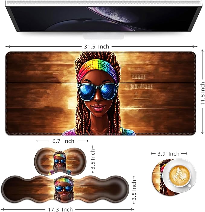 Keyboard Mouse Pad Set Extended Gaming Mouse Pad+Ergonomics Keyboard Wrist Rest Support Memory Foam Easy Typing Pain Relief 4Pcs XL Ultra Thick Desk MatRainbow Woman