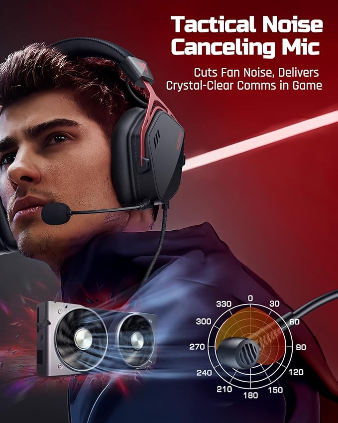 NUBWO HG03 USB-A Gaming Headset with 7.1 Surround and FPS Sound Wired Headphones with Noise Canceling Mic Comfortable Design for PC Laptop - Black Red