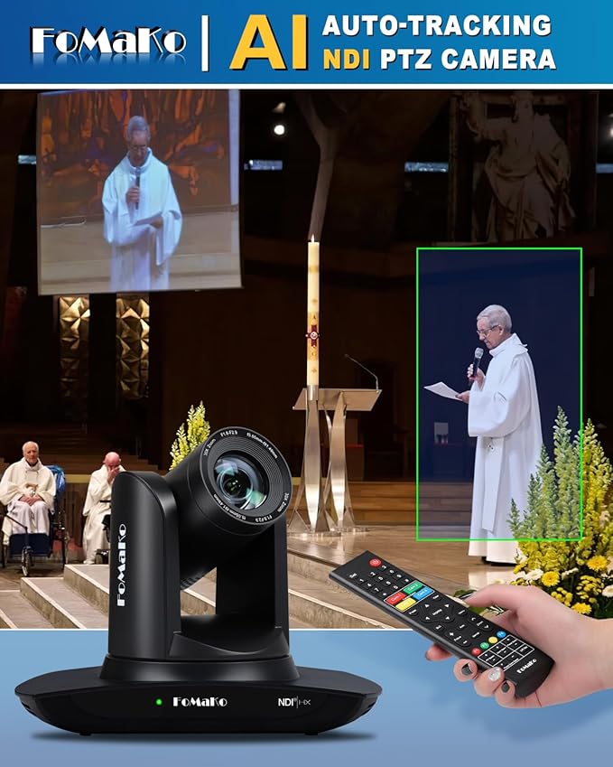 FoMaKo NDI PTZ CameraAI Auto-Tracking Gen 3 30x Optical Zoom IP USB3.0 HDMI PTZ Camera for Church Services Worship Education (NDI 6 &amp NDI HX3 Certified) FMK30UH NDI-B (Black Color)