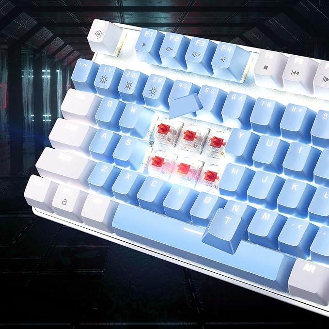 MageGee Mechanical Gaming Keyboard 104 Keys White Backlit Mechanical Keyboards with Red Switches &amp Double-Shot Keycaps Wired Ergonomic Computer Keyboard for Desktop PC Gamers (White &amp Blue)