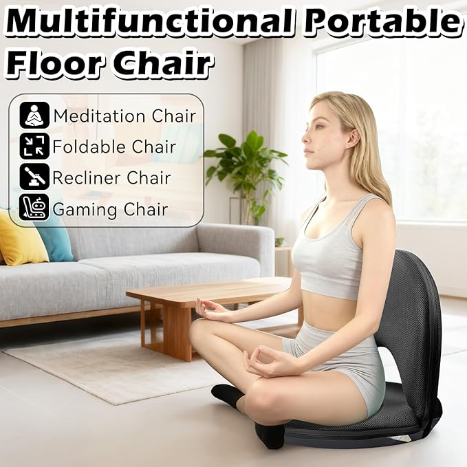 Floor Chair Floor Cushion Folding Padded Gaming Chair Adjustable 5-Position Floor Seat with Back Support for Kids Adult Great for Gaming Reading Meditating (Black)