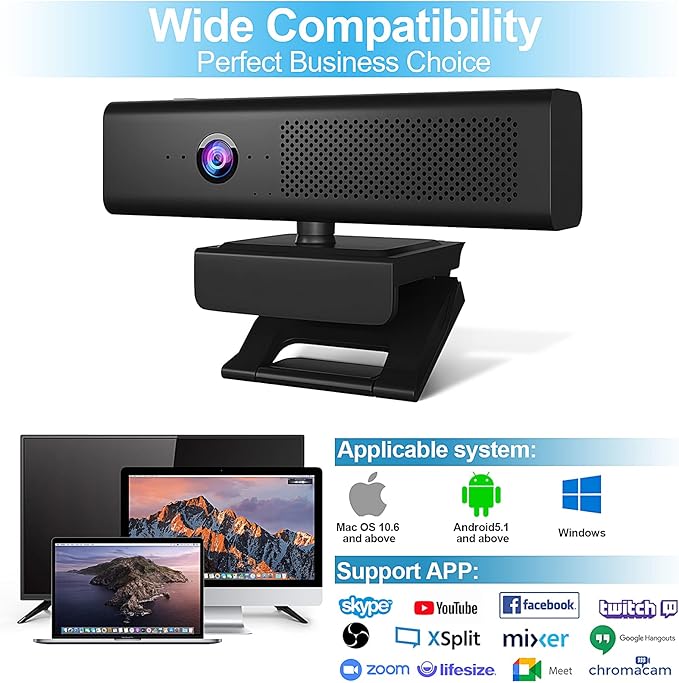 ROTOPATA Webcam with Speakers and Mic Full HD 1080P/30FPS Computer Camera for Streaming Video Conference  4 Noise-Cancelling Mics Privacy Cover 90°FOV USB-A Webcam for PC Desktop Monitor Laptop
