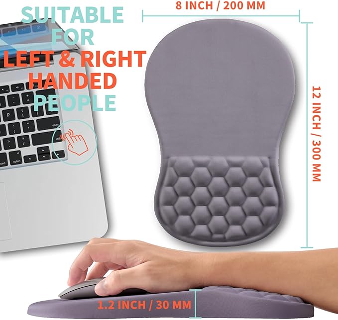 Ergonomic Mouse Pad Wrist Support with Memory Foam Massage Bulge Carpal Tunnel Pain Relief Mousepad Wrist Rest for Mouse(12x8 inch Silver Gray Light Purple)