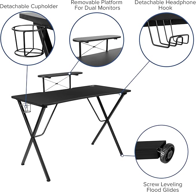 BizChair Black Gaming Desk &amp Chair Set with Cup Holder Headphone Hook and Monitor Stand