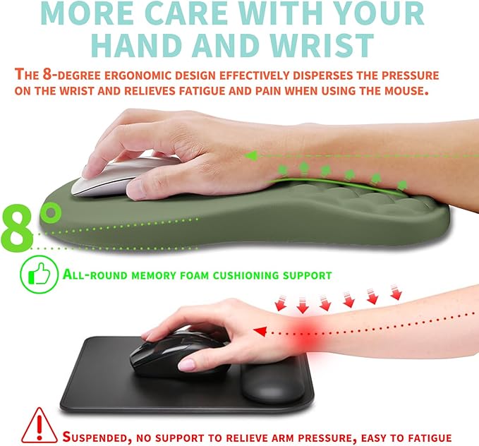 Ergonomic Mouse Pad Wrist Support with Memory Foam Massage Bulge Carpal Tunnel Pain Relief Mousepad Wrist Rest for Mouse(12x8 inchOlive Green)