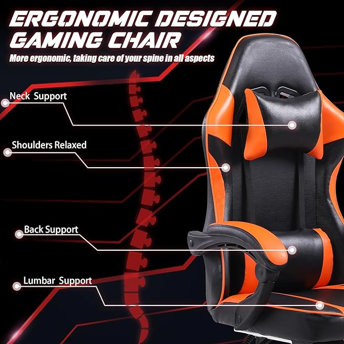 Video Game Chairs for Adults PU Leather Gaming Chair with Footrest 360°Swivel Adjustable Lumbar Pillow Gamer Chair Comfortable Computer Chair for Heavy People Orange