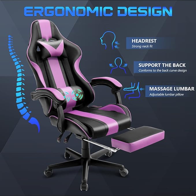 Huracan Gaming Computer Chair with Footrest and Lumbar Support Adjustable Video Game Chairs for Adults Ergonomic Reclining Desk Chair with Headrest for Office or Gaming Purple
