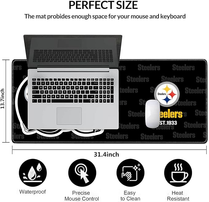 Large Gaming Mouse Pad with Non-Slip Rubber Base for Laptop Computer Desktop KeyboardBlack Design Stitched Edges Mouse Desk Mat for Football Sport Fans