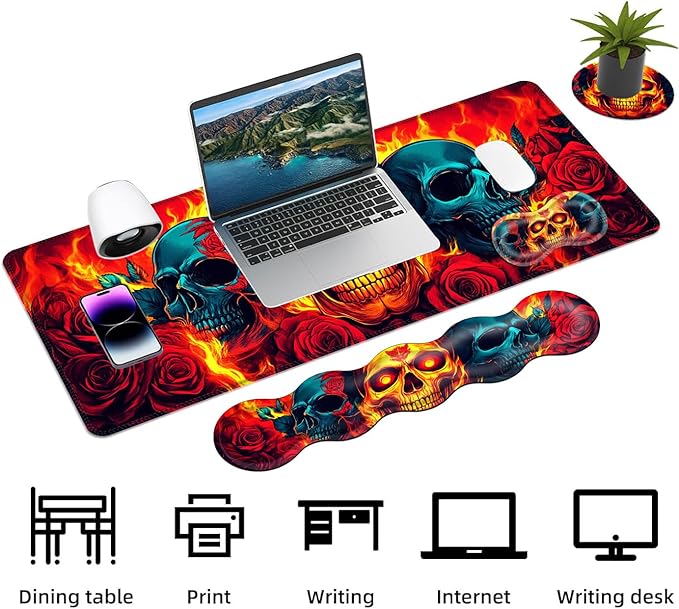 Keyboard Mouse Pad Set Extended Gaming Mouse Pad+Ergonomics Keyboard Wrist Rest Support Memory Foam Easy Typing Pain Relief 4Pcs XL Ultra Thick Desk MatFlaming Skulls and Roses