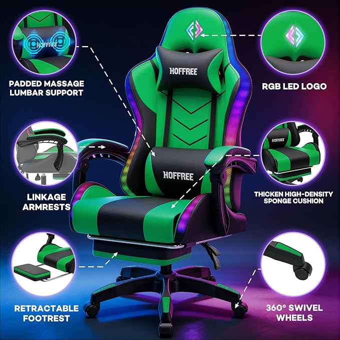HOFFREE RGB Gaming Chair with Rhythm LED Lights and Speakers Massage Computer Chair with Footrest Music Video Game Chair High Back with Lumbar Support Green