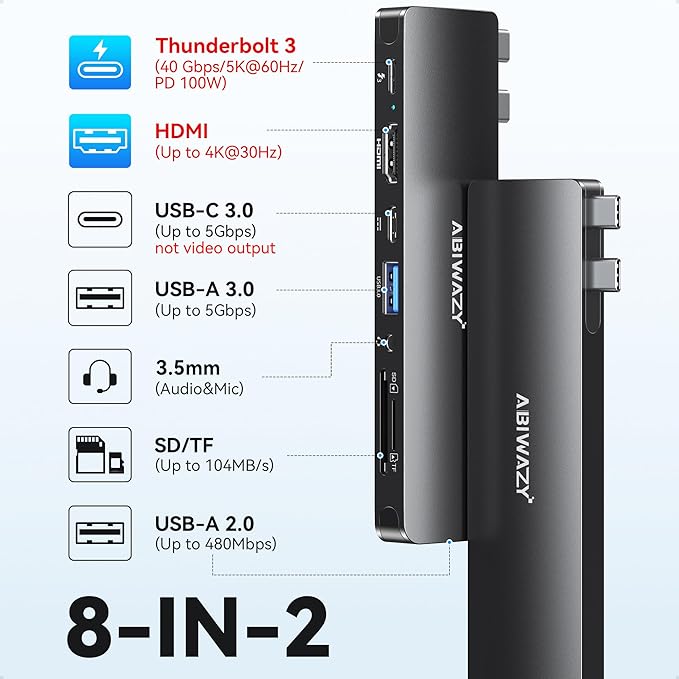 USB C Adapter HDMI USB Multiport Hub8 in 2 Accessories with HDMIThunderbolt 3USB C and 3 USB A 3.0 Data Ports SD TF Card Reader Audio(Black)