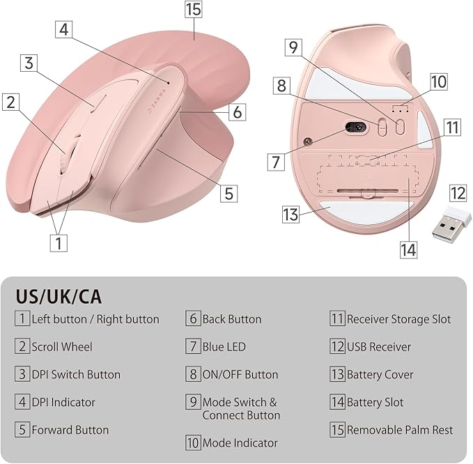 SANWA Wireless Ergonomic Mouse for Large Hands Silent Click Vertical Mice with Removable Wrist Rest 1000-4000 DPI 3-Device (2.4G + 2 Bluetooth 5.4) Compatible with Mac Windows Laptop PC Pink