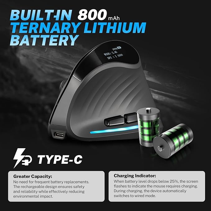 Gaming Mouse with Display Wireless Vertical Ergonomic Mouse with Tri-Mode Connectivity 7 Programmable RGB Buttons 4000 DPI Rechargeable for PC Laptop Mac