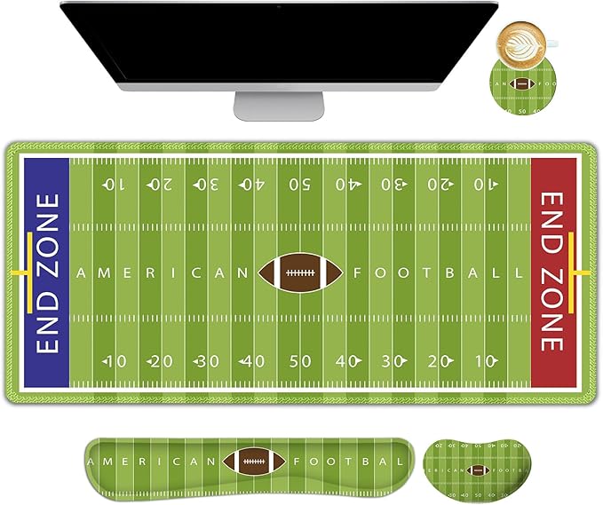 ARTSO Green Desk Mat Set Extended Gaming Mouse Pad with Wrist Rest Support +Keyboard Wrist Rest +Coaster Large Cute Mousepad American Football Field