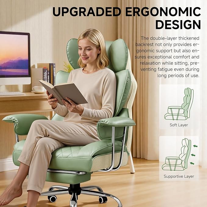 COMHOMA Big and Tall Office Chair High Back Leather Gaming Chair with Footrest Executive Ergonomic Office Chairs with Pocket Spring Lumbar Support and with Outward Fixed Soft Armrests