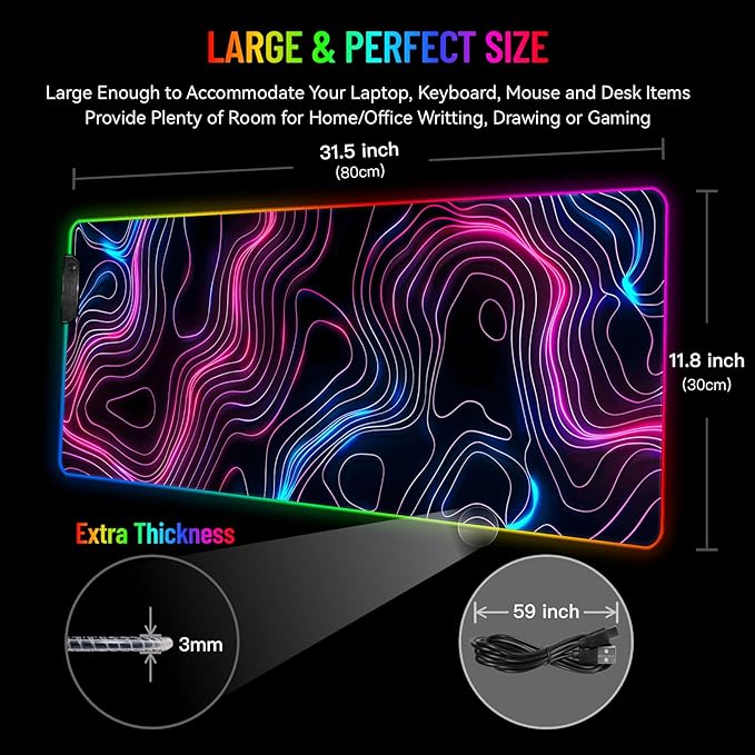 RGB Mousepad LED Desk Mat Gaming Large Keyboard Cute Desktop Computer Laptop 14 Light XXL Long Giant Big Cool Modern Design Unique for Men Boys Gamer Oversized Wide 30x12'' Mousepad Topo