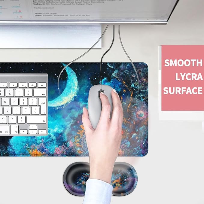 Mouse PadLarge Desk Mat Set 4in1 XL Mousepad + Keyboard Wrist Rest+Mouse Wrist Rest+Coaster with Ergonomic Desk Pad for Home Office Table Computer Cover -Cosmic Black Cat and Moon