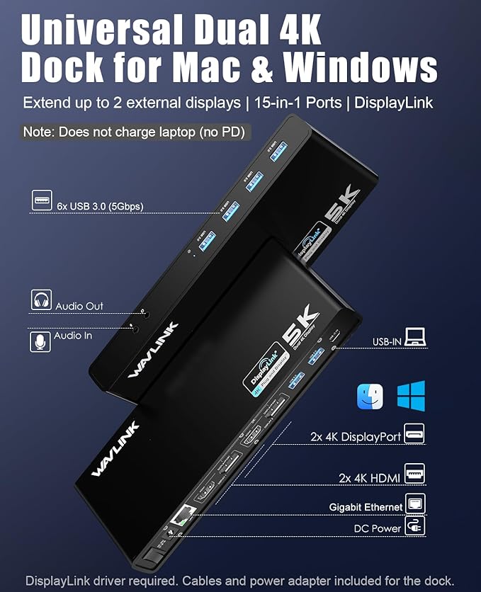 WAVLINK Pro Dual 4K@60Hz Universal Docking Station | USB 3.0/USB-C Laptop Dock for Mac &amp Windows | 2 HDMI/DP Monitors Gigabit Ethernet 6 USB 3.0 | Home Office &amp Multi-Screen Productivity.