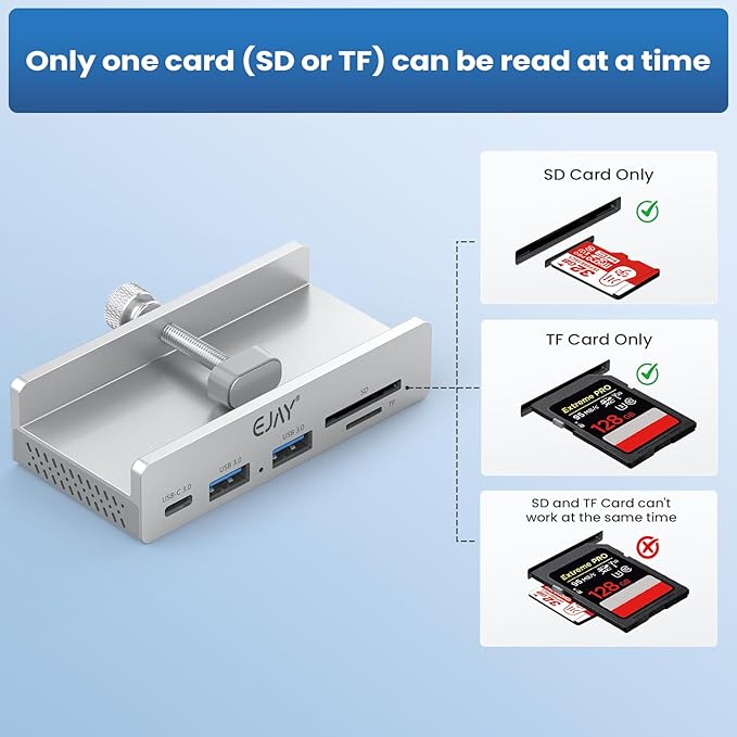 EJAY 5-Port USB 3.0 Hub Aluminum USB C Hub with Card Reader 5Gbps USB Splitter for PC Mac Laptop with 59inches Data and 39inches Cable USB Hub with Extra Power Port Silver