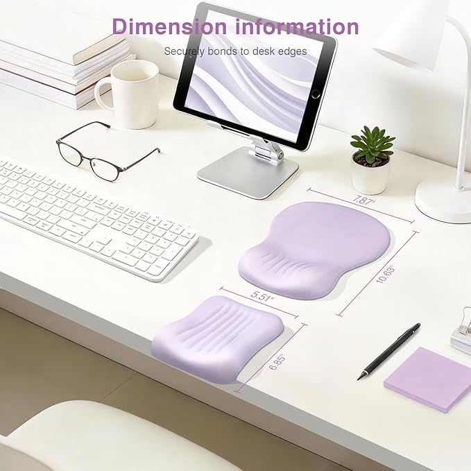 Ospelelf Mouse Pad with Wrist Rest Set Foam L-Shaped Desk Elbow Pad Ergonomic Desk Edge Cushion Anti-Slip Rubber Bottom Office Women Desk Accessories for Computer Laptop and Gaming Purple
