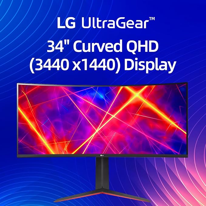 LG 34 Curved Ultragear Gaming Monitor QHD(3440x1440) 160Hz AMD FreeSync HDR10 sRGB 99% Built-in Speakers Multitasking and Content Creation DisplayPort &amp HDMI Tilt/Height Adjustable Stand