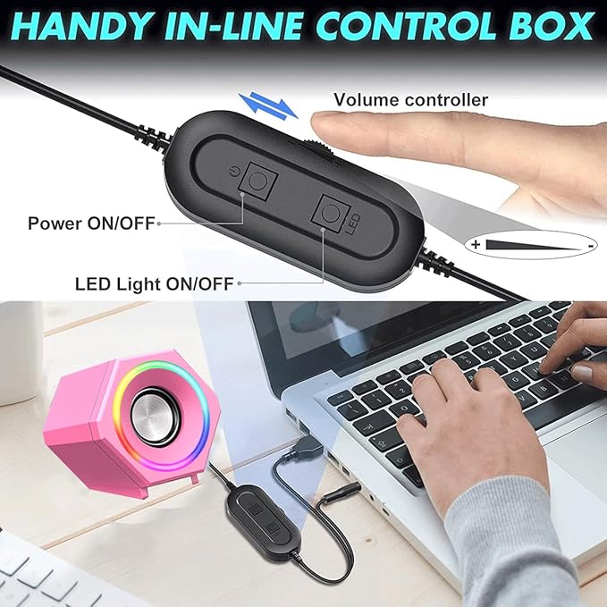 Generic RGB Computer Speaker Game led Speaker for Desktop/Tablet Computer/Laptop/Gaming Notebook for PC 2.0 Wired USB Powered Stereo Volume Control Multimedia AUX 3.5mm Pink