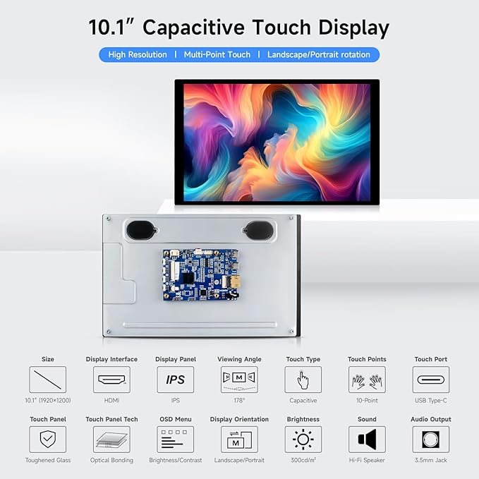 waveshare 10.1inch High Resolution Capacitive Touch Display Compatible with Raspberry Pi 5/4B/3B/Zero/Zero W/Zero 2W/Pico/Pico Supports Windows and Jetson Nano IPS Display 10-Point Touch