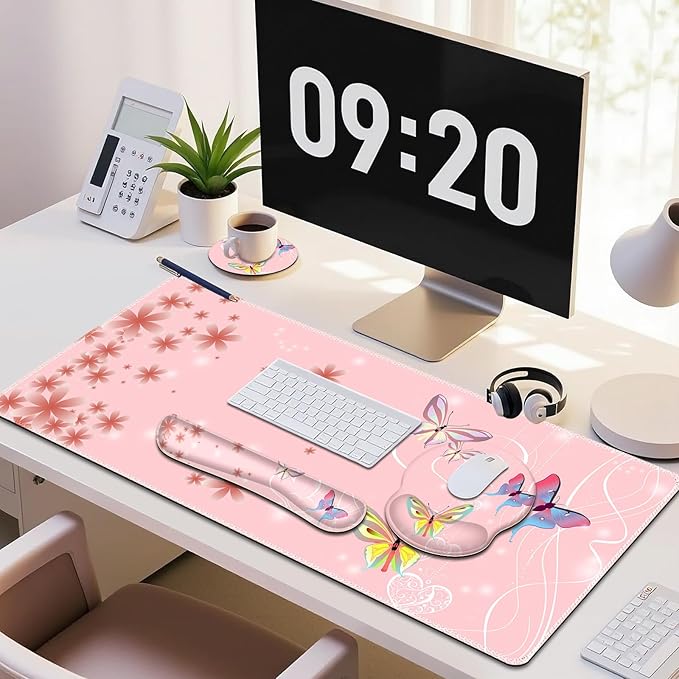Peach Pink Butterflies Florals Mouse Pad XXL Large Desk Mat Extended Reading Desk pad 4 PCS Non-Slip Rubber Base Computer Big Mousepads for Work Game Office Home Decor Cute Girls Woemn Gifts