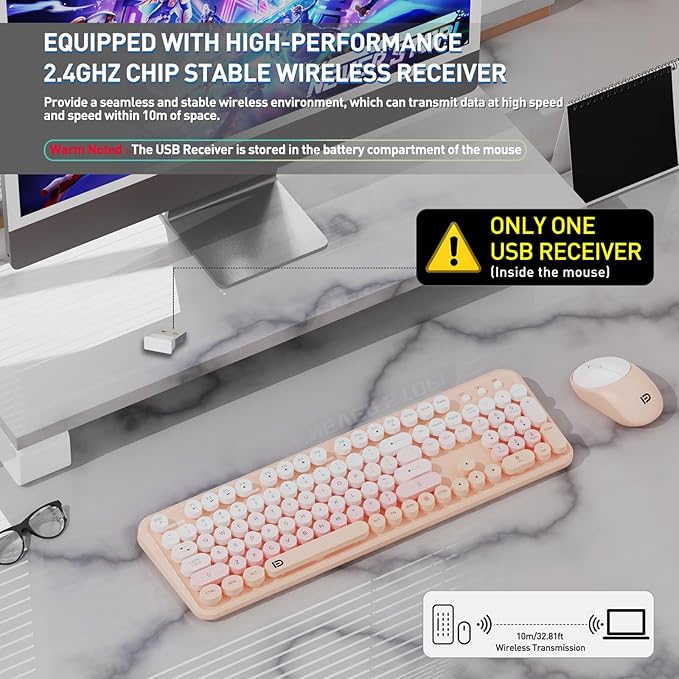 Wireless Keyboard and Mouse Combo 2.4 GHz Full-Sized Wireless Keyboard Mouse with Round Keycaps for Windows Computer Desktop PC Laptop (GradientPink)