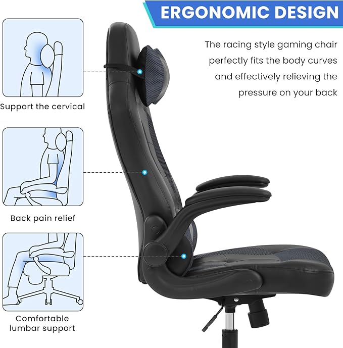 Gaming Chair PU Leather Computer Chair with Flip-up Armrest and Lumbar Support Ergonomic High Back Home Office Chair Comfy Video Game Chair for Home Bedroom Grey