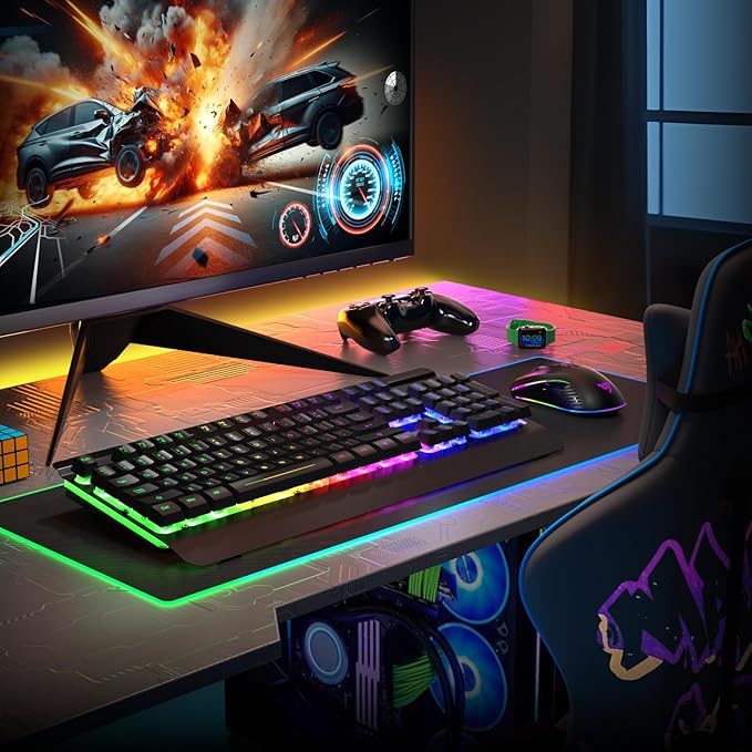 RisoPhy Wireless Gaming Keyboard and Mouse Combo Metal Panel 7 Color Backlits Rechargeable 3200 mAh Battery Wrist Rest Sleep Mode Light Up Keyboard + 7D 3200DPI Gaming Mice for PC Gamer