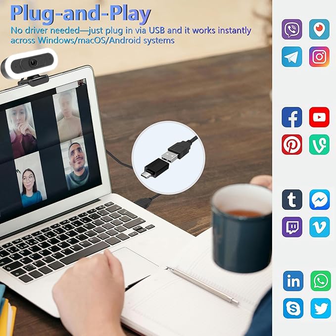2K Webcam for PCStreaming Computer Camera with Fill RGB LightsAutofocus Webcam with Microphone and CoverPlug-Play USB Web cam for Desktop ComputerMeetingGamingVideo Calling