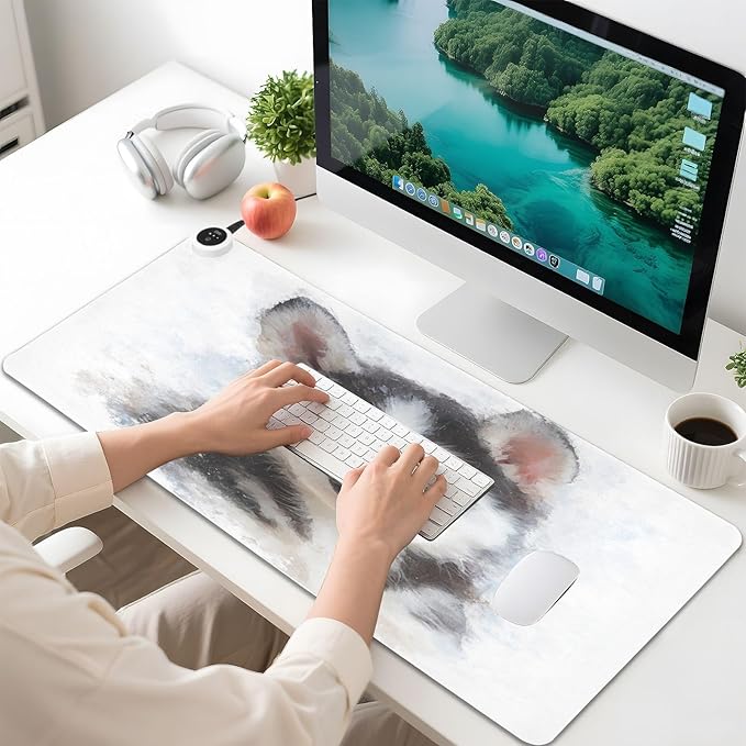 Husky Puppy White Black Print Heated Mouse Pad Large Non-Slip PU Leather Desk Mat with 3 Heating Levels &amp 3 Hours Auto Shut-Off for Home Winter Office