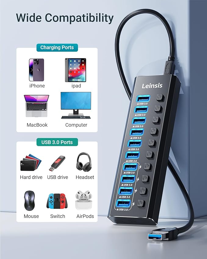 Powered USB Hub 3.0 Leinsis 10-Port USB 3.0 Hub [Durable Aluminum] 10 Data Transfer Ports+ 4 Smart Charging Ports with Individual On/Off Switches USB Hub 3.0 Powered with Power Adapter for Laptop PC