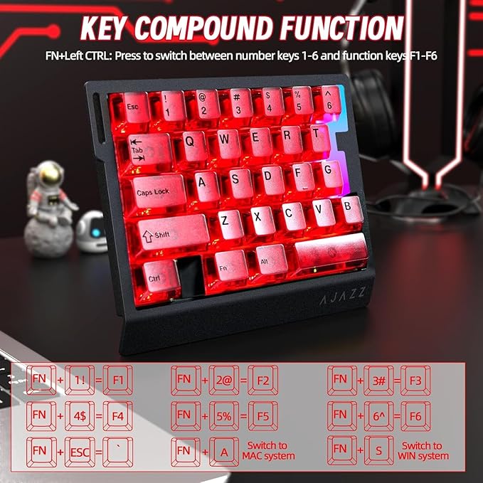 A.JAZZ AK029 Wired 29 Keys One-Handed RGB Gaming Keyboard with 8000HZ0.01mm RT Magnetic Switches Adjustable ActuationHotswappable Mechanical KeyboardAluminum PlateWeb Driver for Gamers-Red