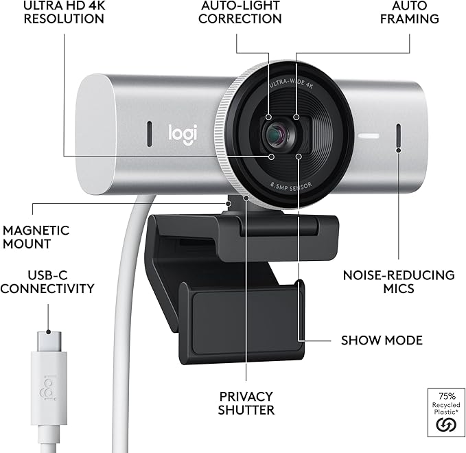 Logitech MX Brio Ultra HD 4K Collaboration Streaming Webcam 1080p at 60 FPS Show Mode Works with Microsoft Teams Zoom Google Meet Nintendo Switch 2 New GameChat - Pale Gray