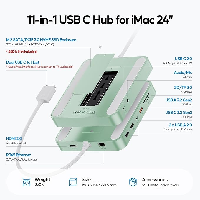 Upgraded 11 in 1 USB C Hub for iMac 24 inch USB Hub 2021 2023 2024 Support M.2 SSD (NOT Included) iMac Hub M1 M3 M4 Accessories 4K HDMI 2.5G Ethernet 5 USB A/C Max 10Gbps SD/TF - Green