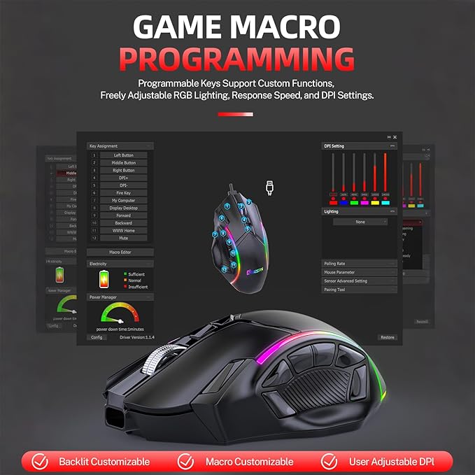 Wireless Gaming Mouse Tri-Mode 2.4G/Bluetooth/USB-C 24000 DPI 12 Programmable Buttons 500mAh Rechargeable Battery 7 RGB Lighting Modes On-Board Memory for Laptop/PC/Mac (Black)