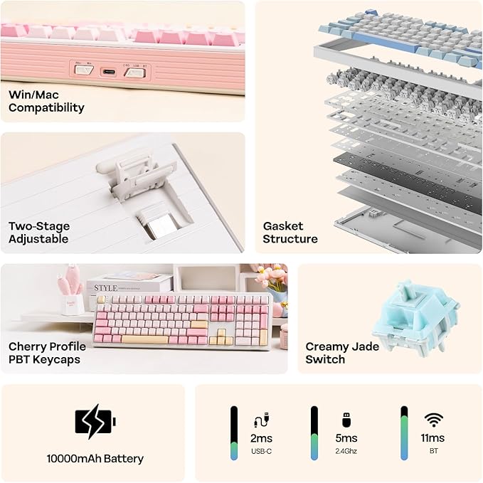 EPOMAKER TH108 Full Size Mechanical Keyboard Wireless Gaming Keyboard with 8000mAh Battery Creamy Gasket 108 Keys Hot Swap Custom Driver RGB Backlight (Pink Creamy Jade)