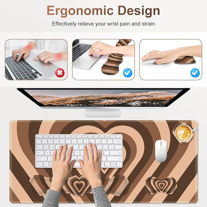 Gaming Mouse Pad Keyboard Wrist Support 4 in1 Mousepad with Wrist Keyboard Rest Computer Desk Mat Non-Slip Desk Pad Protector with Memory Foam Easy Typing Pain Relief I Lovely Brown Hearts