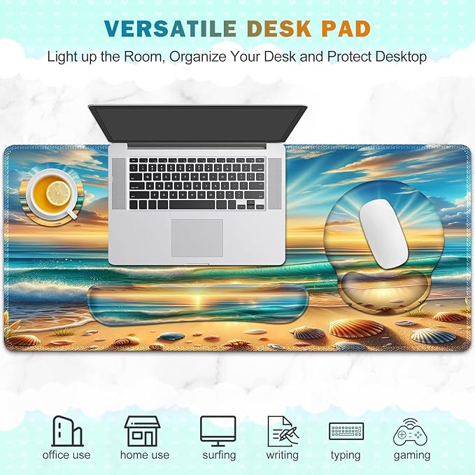 Gaming Mouse Pad Large Desk Mat Cute Desk Pad Protector 4in1 XXL Mousepad + Keyboard Wrist Rest+Mouse Wrist Rest+Coaster Set with Ergonomic Desk Pad for Home Office Computer Beach Sun Shell