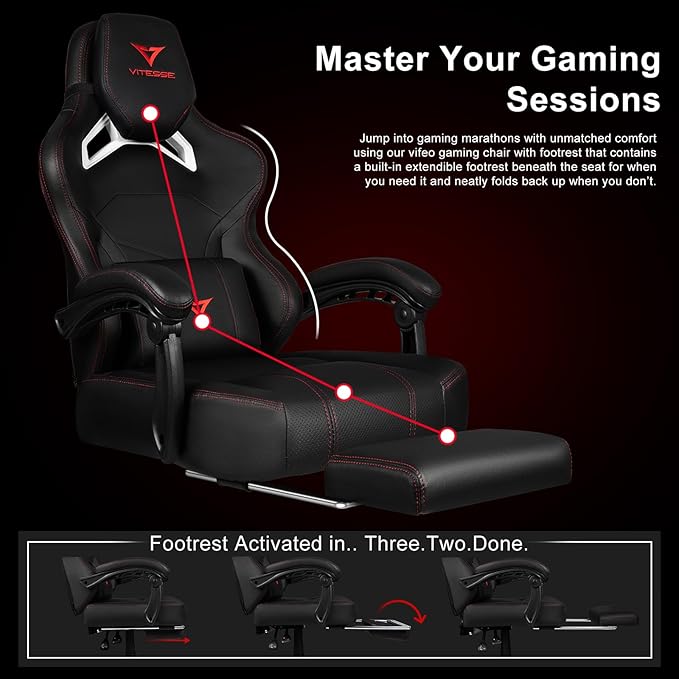 VITESSE Big and Tall Gaming Chair 400lb Weight Capacity with Footrest Ergonomic Video Game Chair for Adults with Oversized Headrest and Lumbar Pillow Computer Chair Gaming for Office (Black+Red)