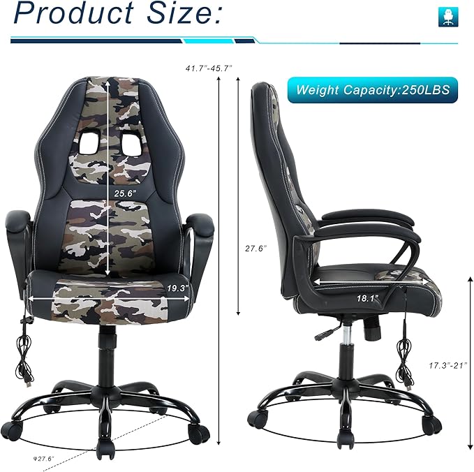 Gaming Chair With Massager Ergonomic Office Video Gaming Computer Leather Desk Racing Comfy Massage Silla Gamer for Adults and Kids Camo