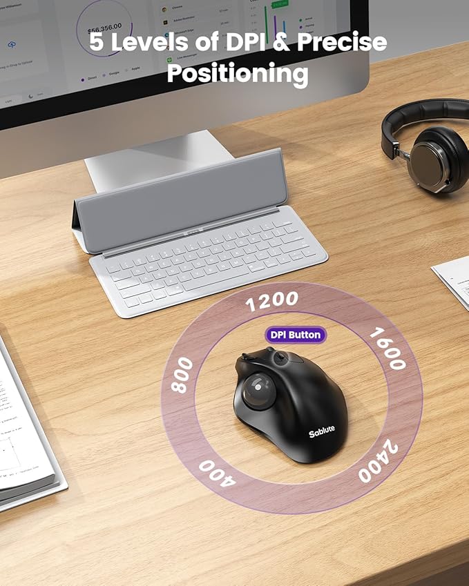 SABLUTE MAM2 Wireless Trackball Mouse with 5-Level DPI Ergonomic Mouse 2.4G Plug-and-Play for 3 Devices (Bluetooth or USB Receiver) 500mAh Battery Compatible with PC/Laptop/Mac/Windows-Grey Ball