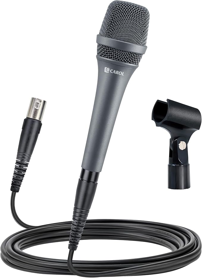 CAROL AC-900 XLR Wired Vocal Microphone – Dynamic Supercardioid Mic with Dual-Engine AHNC Noise Cancelling Tech for Singing Karaoke Stage &amp Studio Includes Mic Clip &amp 14.8ft XLR Cable - Gra