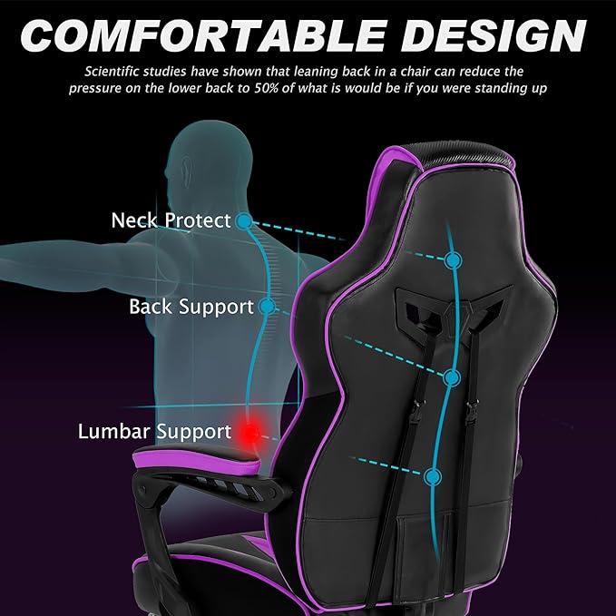 Vonesse Purple Gaming Chair with Footrest Reclining Computer Gaming Chairs for Adults Ergonomic Gamer Chair with Massage Big and Tall PC Game Chair(Purple/Black)