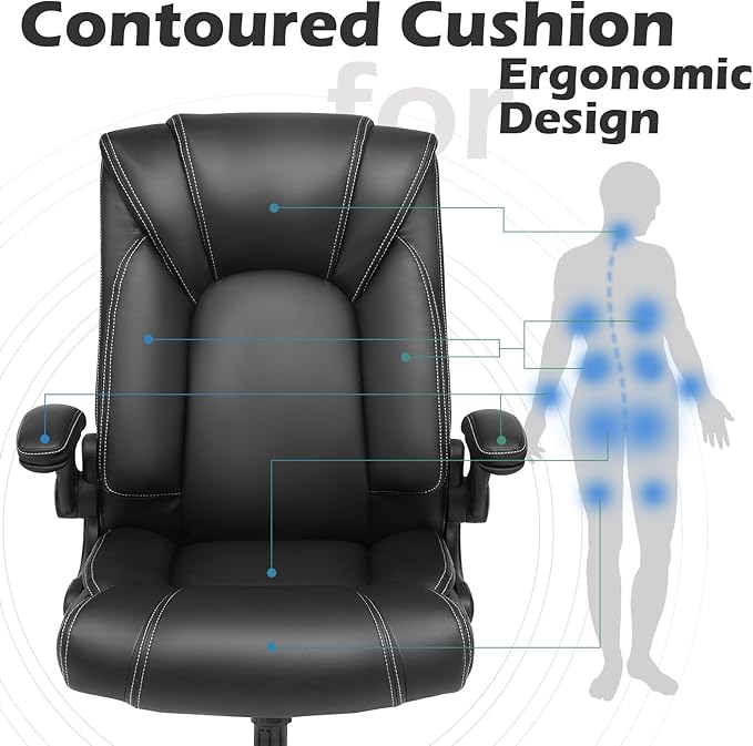 OUTFINE Flip-up Arms Office Chair 300lbs Executive Chair Swivel Office Chair with hydrolysis-Resistant Leather Spring Cushion Thick Padding and Ergonomic Design (Black Flip Arm Medium)